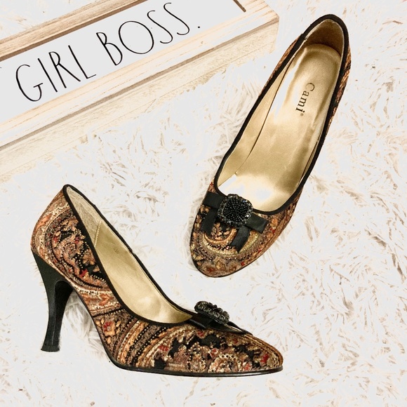 Paisley Vintage Retro Velvet Black Brown Gold Bow Heels - Picture 1 of 9